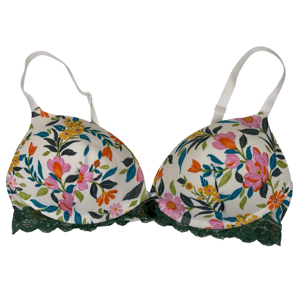 Adore Me Floral Bra 32D Green Lace Trim Padded Push Up White Pink Orange Yellow